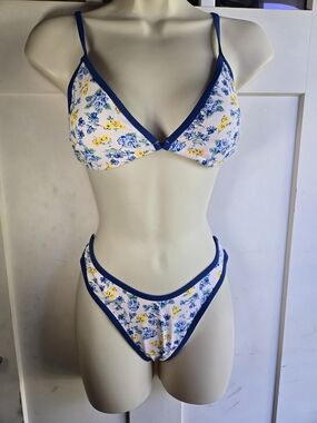 Zaful White Floral Bikini with Blue Trim and Yellow Accents